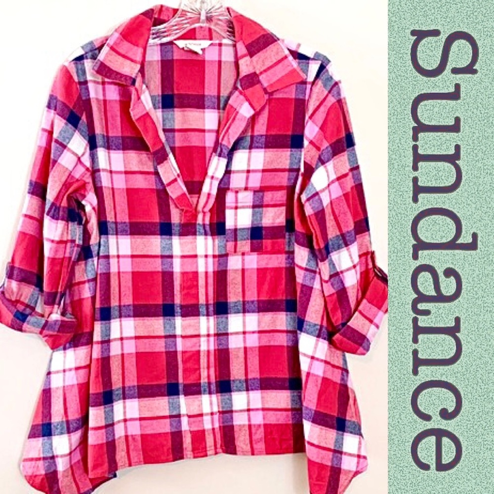 Sundance flannel pink red navy Plaid Top